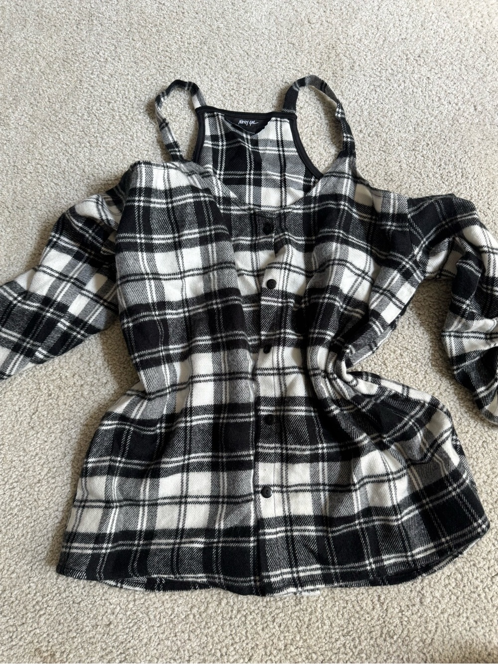 Nasty Gal Black & White Plaid Cold-Shoulder Button-Down Top